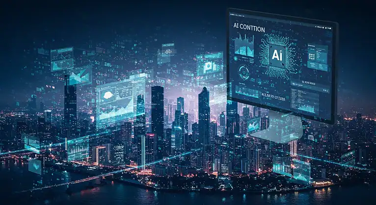AI content detection visualization: futuristic cityscape with digital overlays and data analysis.
